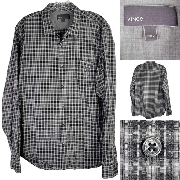 Vince Button Up Shirt Men's Large Gray Black Plaid Long Sleeve Cotton - Picture 1 of 9